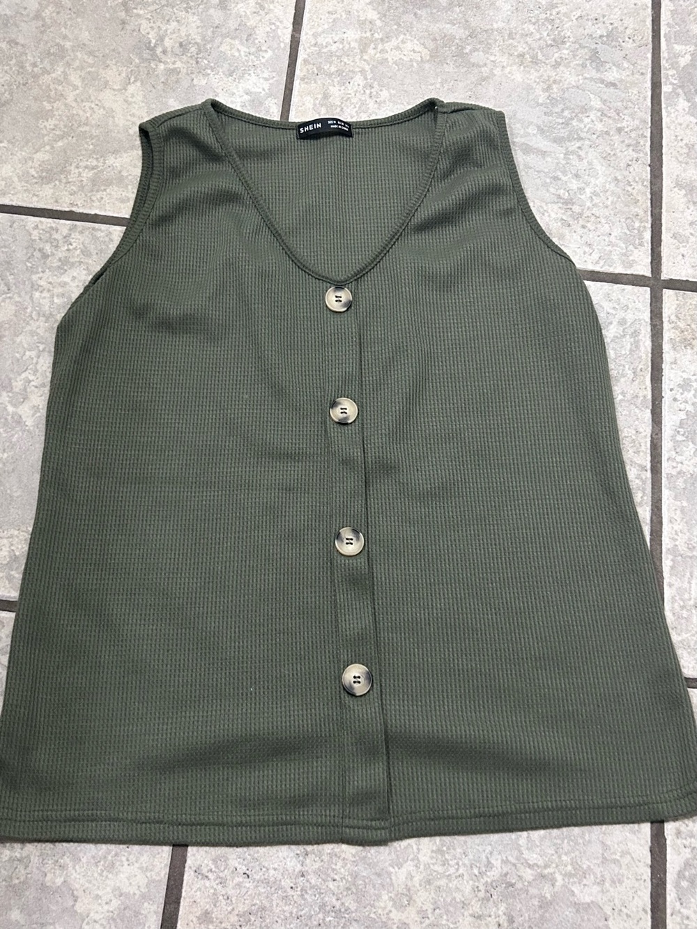 SHEIN Olive Green Ribbed Button Tank & Drawstring Short Set - Picture 2 of 5